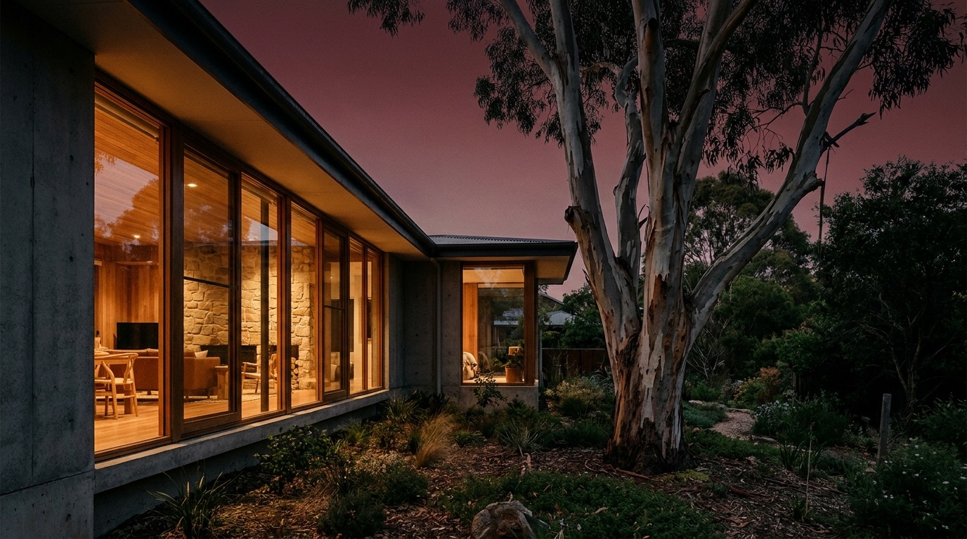 A modern Australian home at dusk, warm light in the windows