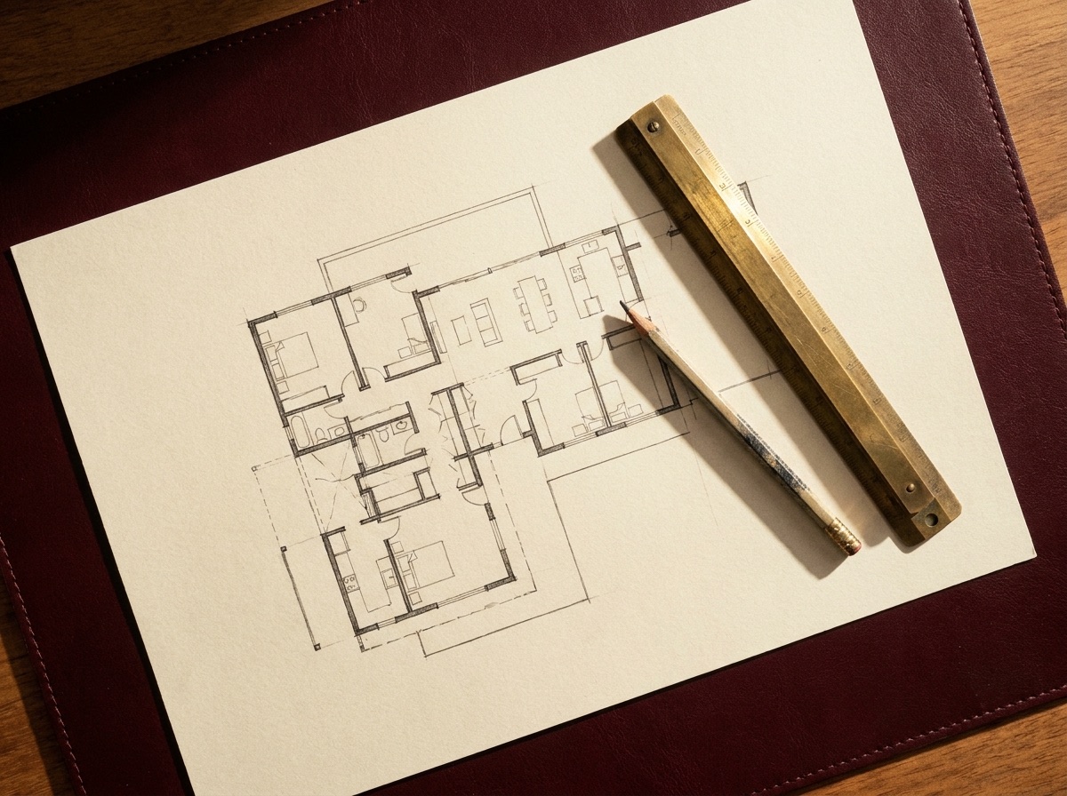 A floor plan on paper, with a brass ruler and pencil on a burgundy desk mat